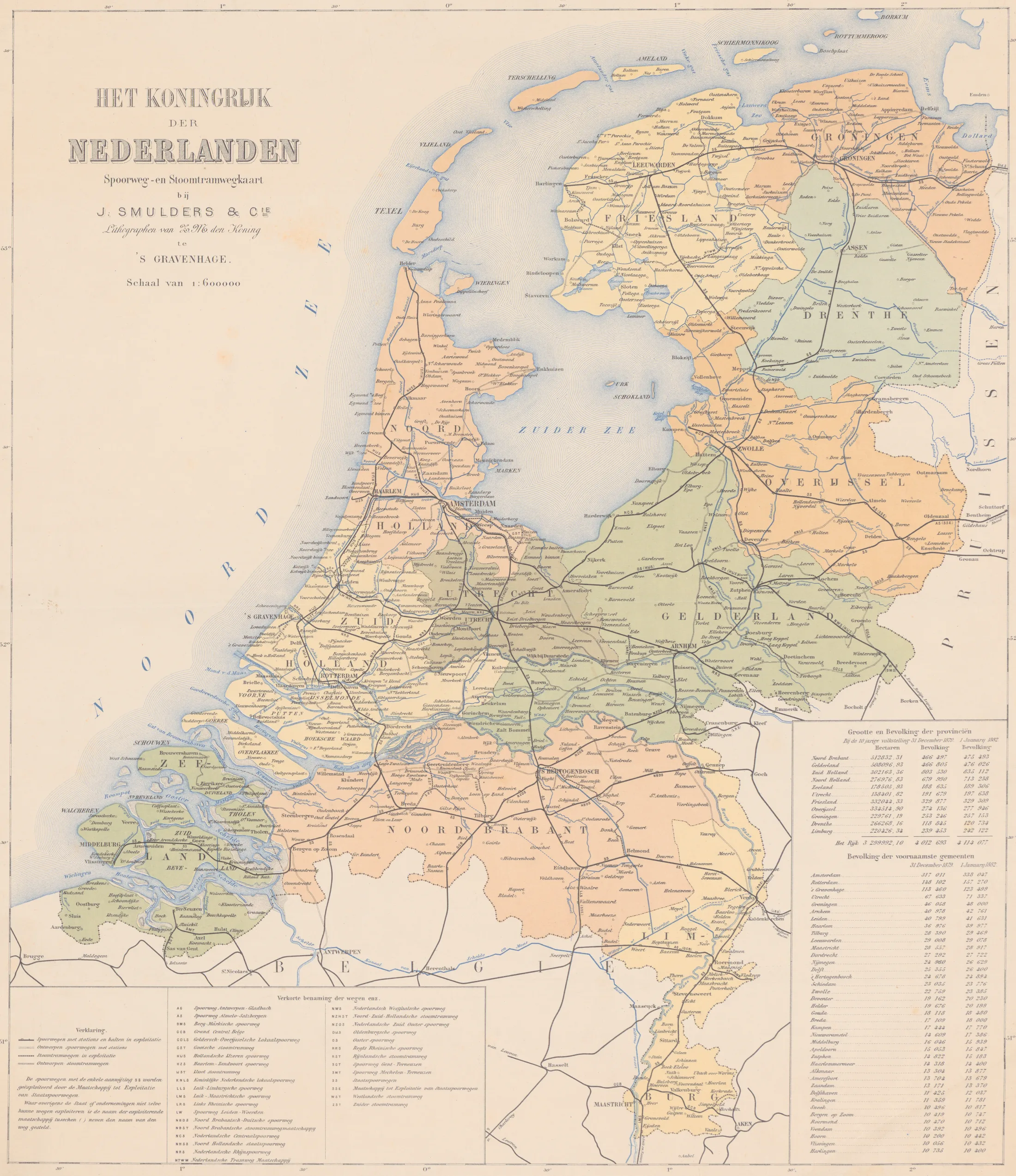 Historical map titled Het Koningrijk der Nederlanden Spoorweg- en Stoomtramwegkaart, showing the Dutch railway and steam tramway network